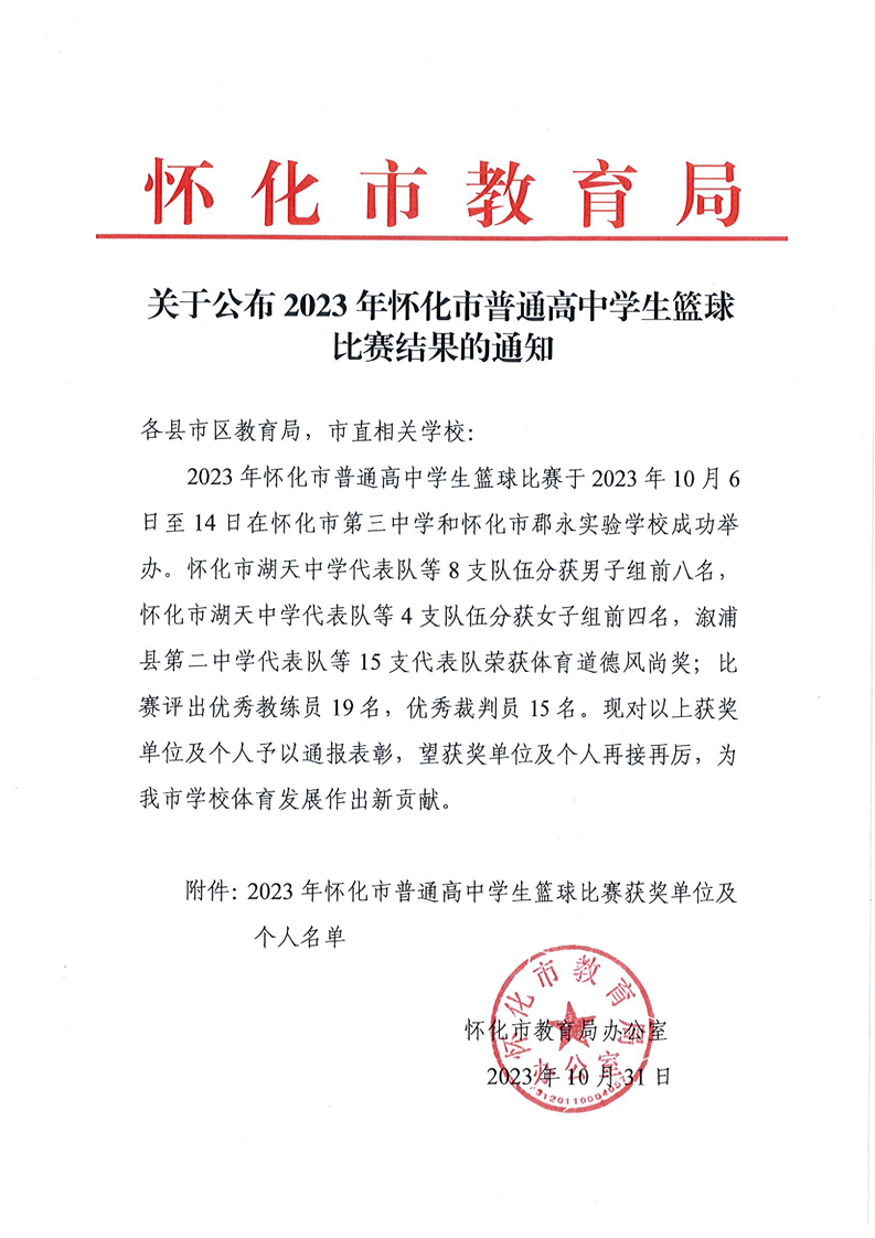 关于公布2023年怀化市普通高中学生篮球比赛结果的通知